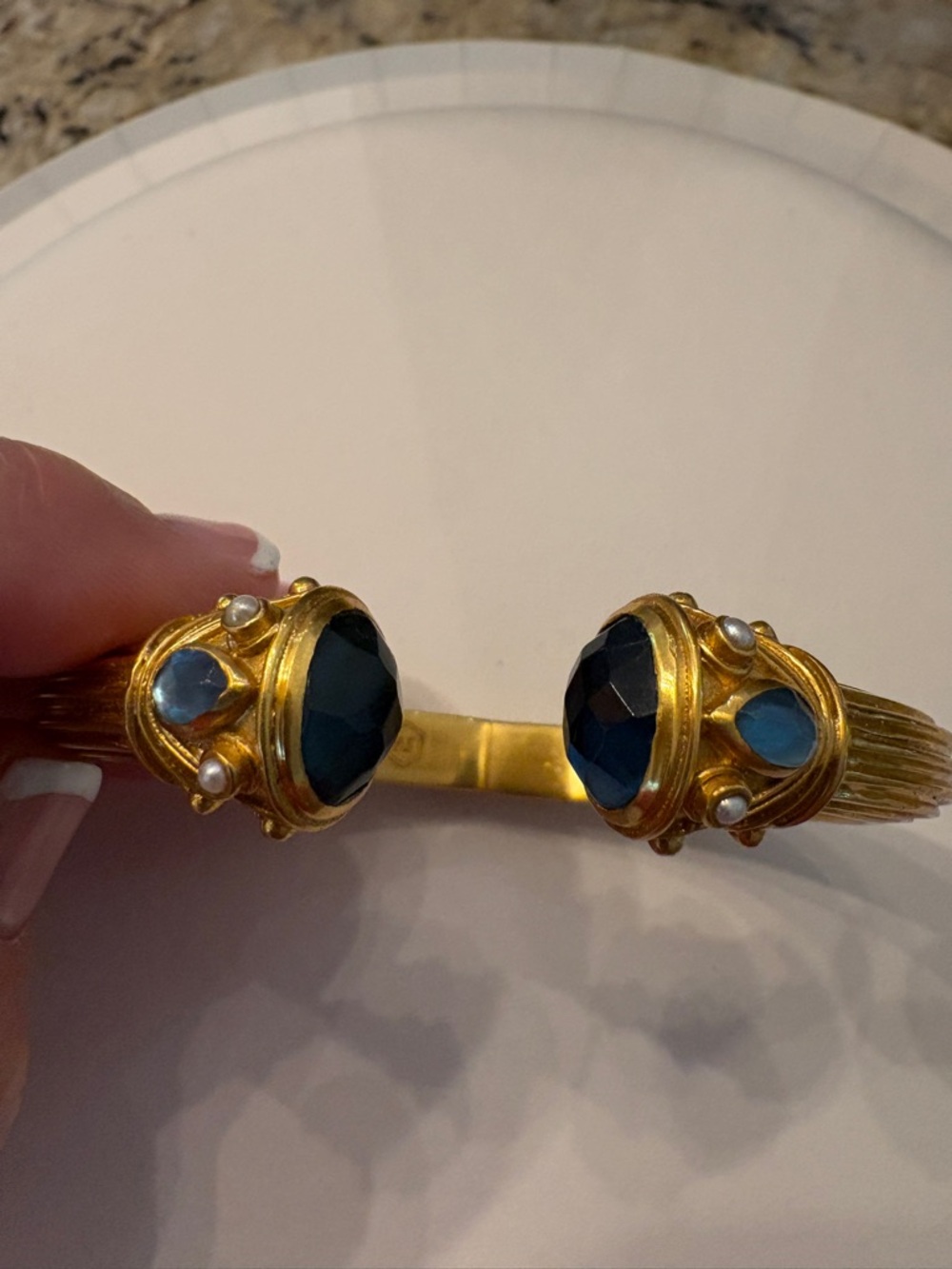 Julie Vos Gold Hinged Cuff Bracelet with Blue and Pearl Stones - Picture 8 of 9